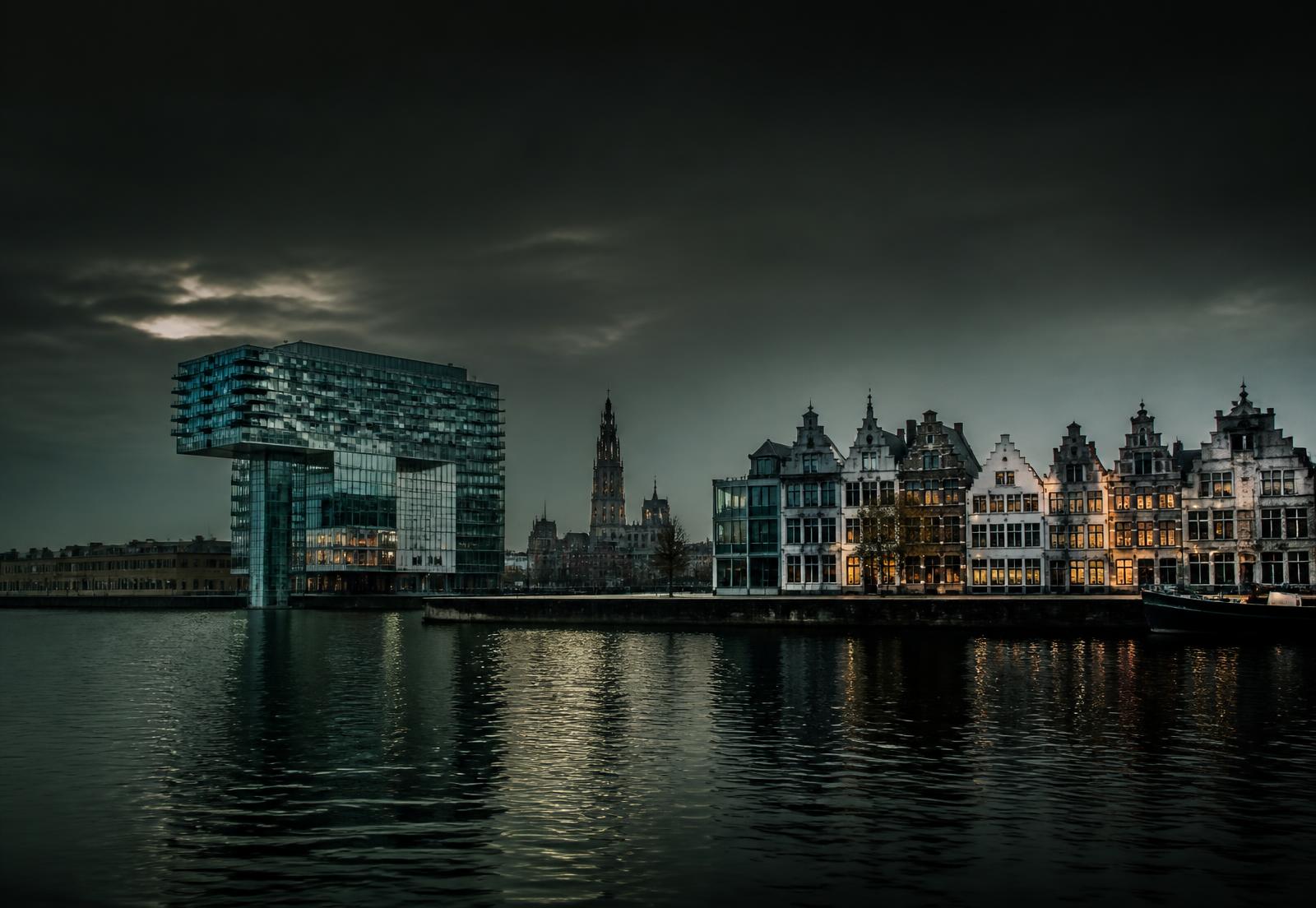 The Scheldt riverfront in Antwerp at dusk